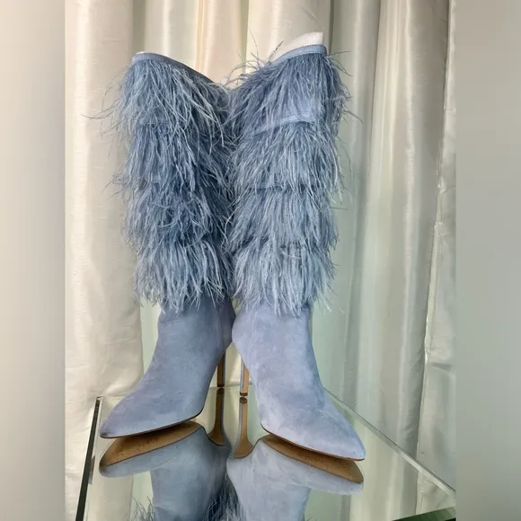Gianni Bini Fringe, Powder Blue 8M Pointed Knee Boots.