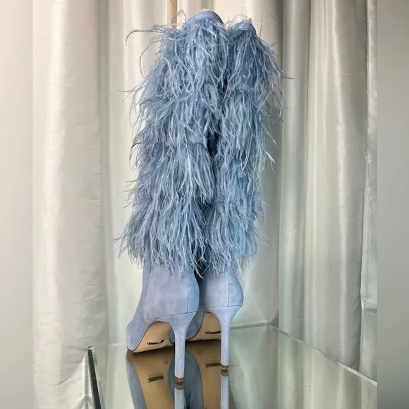 Gianni Bini Fringe, Powder Blue 8M Pointed Knee Boots.