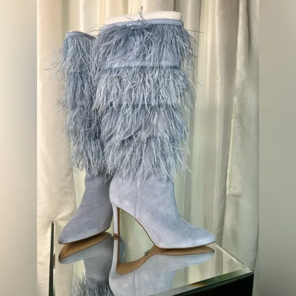 Gianni Bini Fringe, Powder Blue 8M Pointed Knee Boots.