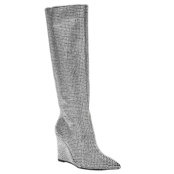 Gianni Bini Gabortwo Rhinestone Pointed Toe Tall Wedge Boots Size 5.5 M NWOB