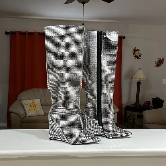Gianni Bini Gabortwo Rhinestone Pointed Toe Tall Wedge Boots Size 5.5 M NWOB