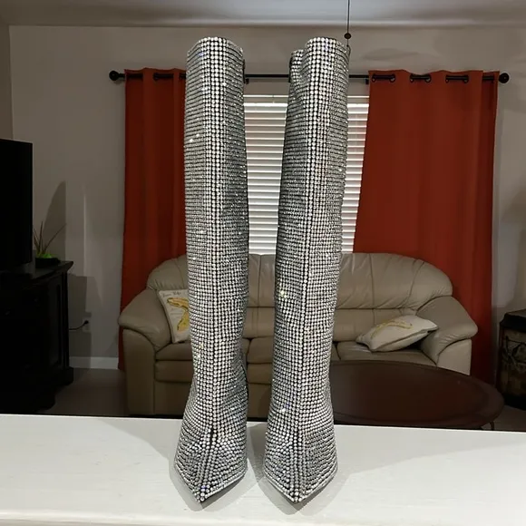 Gianni Bini Gabortwo Rhinestone Pointed Toe Tall Wedge Boots Size 5.5 M NWOB