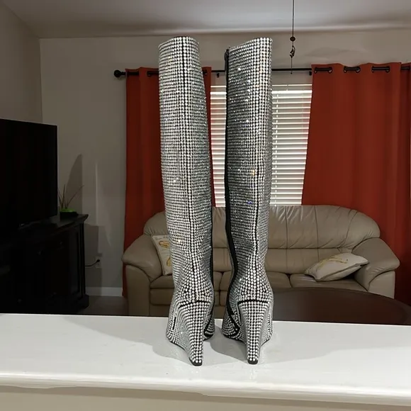 Gianni Bini Gabortwo Rhinestone Pointed Toe Tall Wedge Boots Size 5.5 M NWOB