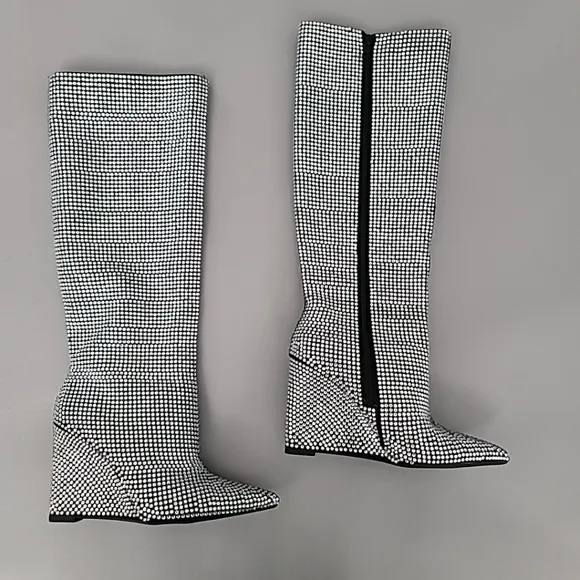 Gianni Bini GaborTwo Rhinestone Pointed Toe Tall Wedge Boots Size 7M