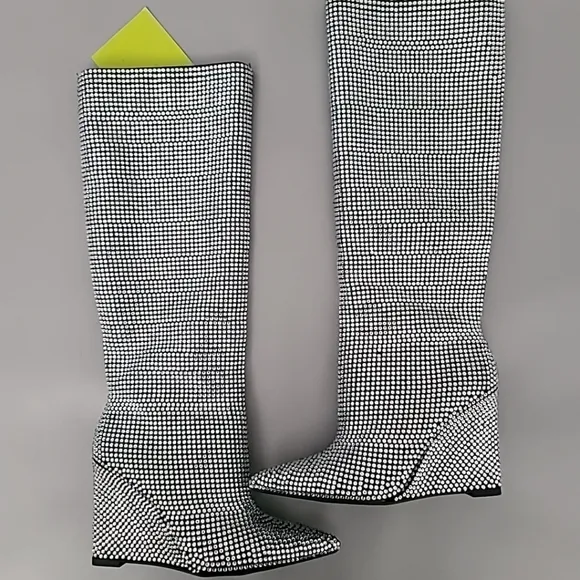 Gianni Bini GaborTwo Rhinestone Pointed Toe Tall Wedge Boots Size 7M