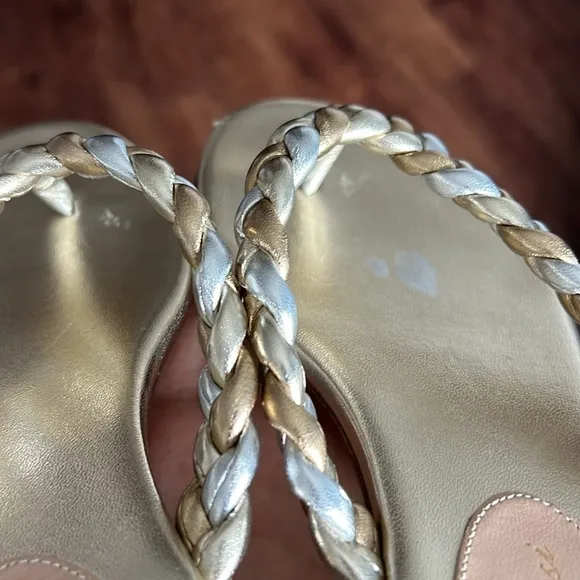 Gianvito Rossi tropea leather flip flops braided sandals metallic gold &amp; silver