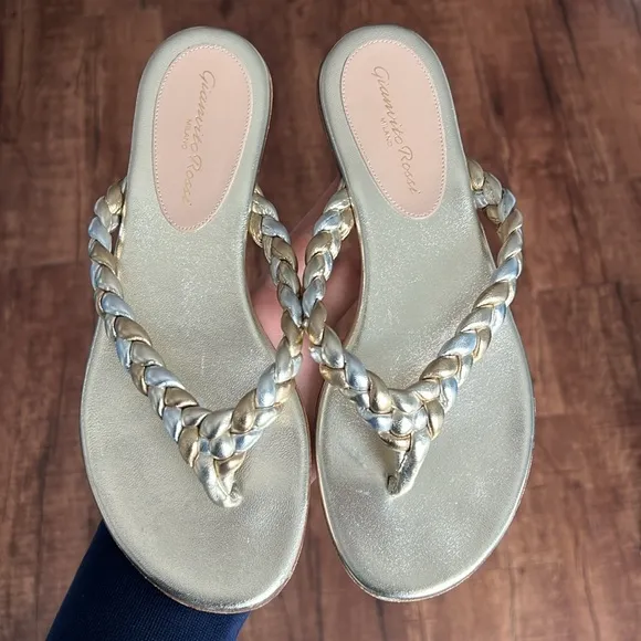 Gianvito Rossi tropea leather flip flops braided sandals metallic gold &amp; silver