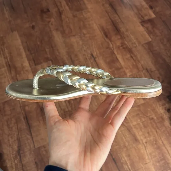 Gianvito Rossi tropea leather flip flops braided sandals metallic gold &amp; silver