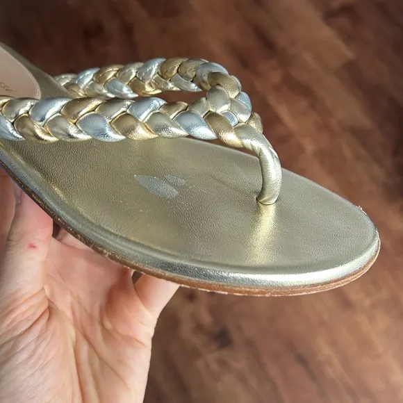 Gianvito Rossi tropea leather flip flops braided sandals metallic gold &amp; silver
