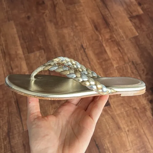 Gianvito Rossi tropea leather flip flops braided sandals metallic gold &amp; silver
