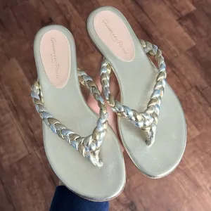 Gianvito Rossi tropea leather flip flops braided sandals metallic gold &amp; silver