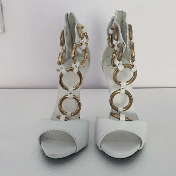 Giuseppe Zanotti White and Gold Chain Heeled Sandals