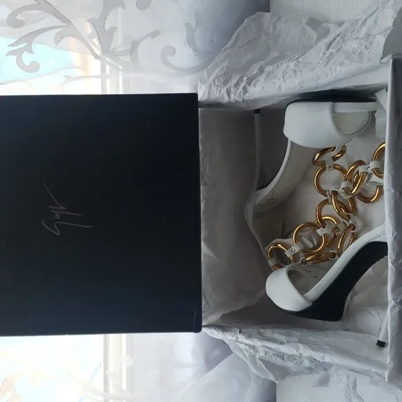 Giuseppe Zanotti White and Gold Chain Heeled Sandals
