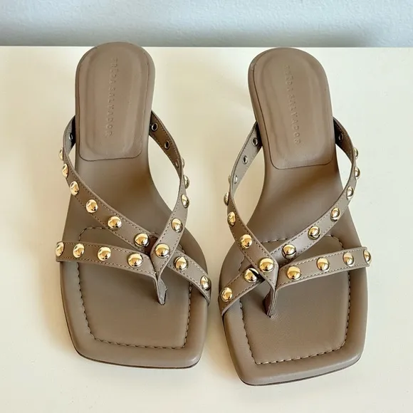 Gold Studded Beige Khaki low heels Sandals