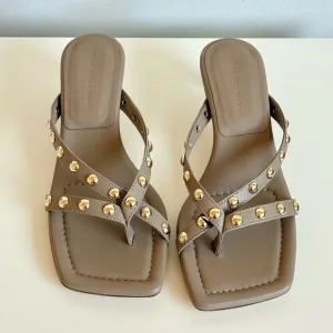 Gold Studded Beige Khaki low heels Sandals