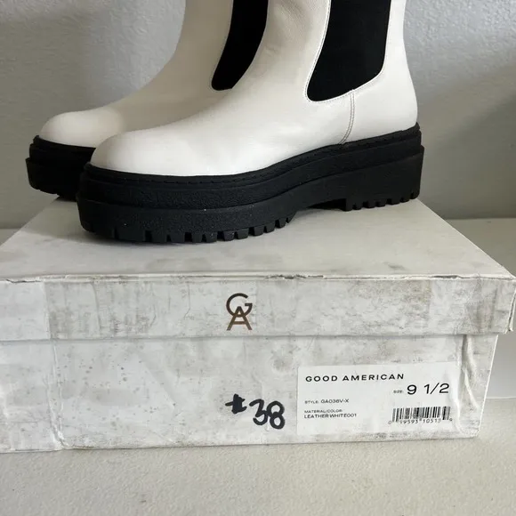 Good American Chunky Leather New Chelsea White and Black Combat Boots NIB 9.5