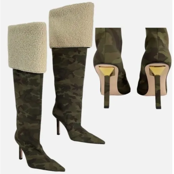 Good American Over the Knee Pointed Toe Sherpa Lined Neoprene Stiletto Boots