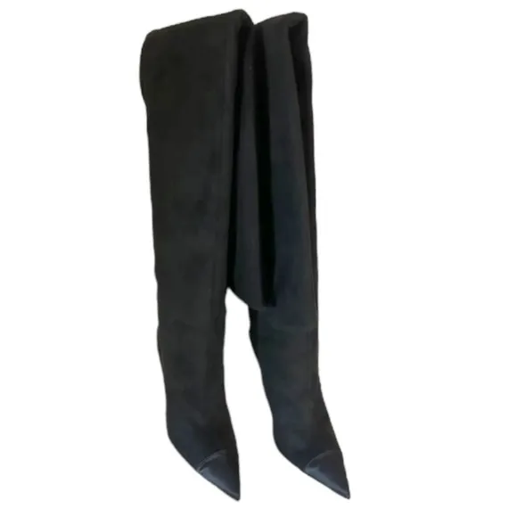 Good American Thigh High Over the Knee Black Suede Pointed Toe Boots NWT  7.5