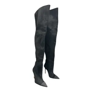 Good American Thigh High Pointed Toe Black Heels Size 8 Suede Likes Feel