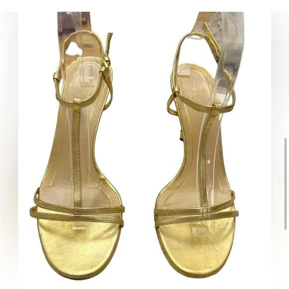 Gucci Gold Metallic Leather Heels Sandals Size 9