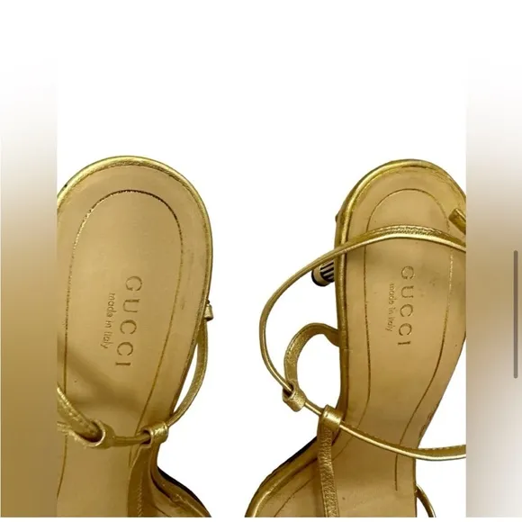 Gucci Gold Metallic Leather Heels Sandals Size 9