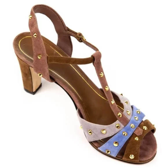 GUCCI Jacquelyne Suede Studded T-Strap Sandalas/Heels sz 39
