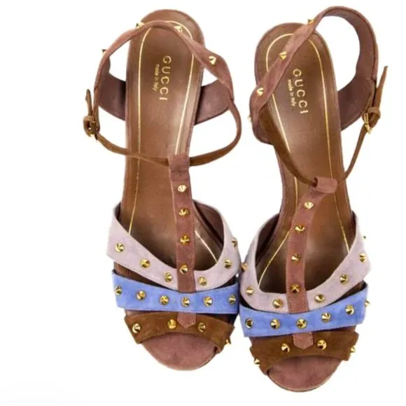 GUCCI Jacquelyne Suede Studded T-Strap Sandalas/Heels sz 39