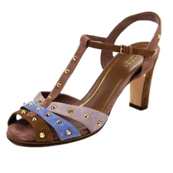 GUCCI Jacquelyne Suede Studded T-Strap Sandalas/Heels sz 39