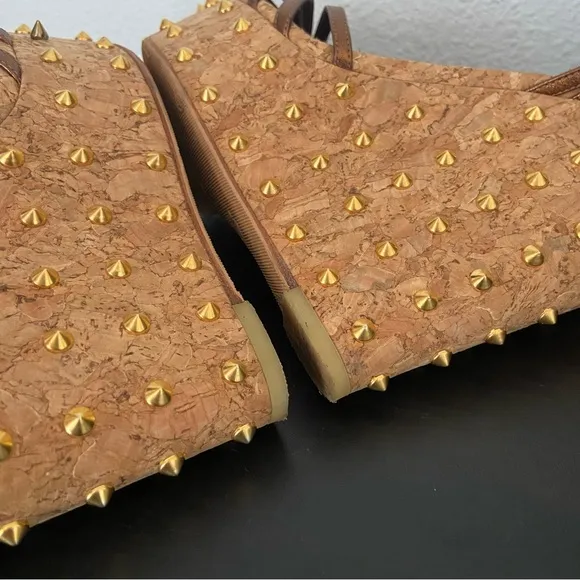 Gucci Metallic Brown Leather Studded Cork Wedge Platform Sandals Ankle Strap