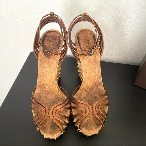 Gucci Metallic Brown Leather Studded Cork Wedge Platform Sandals Ankle Strap