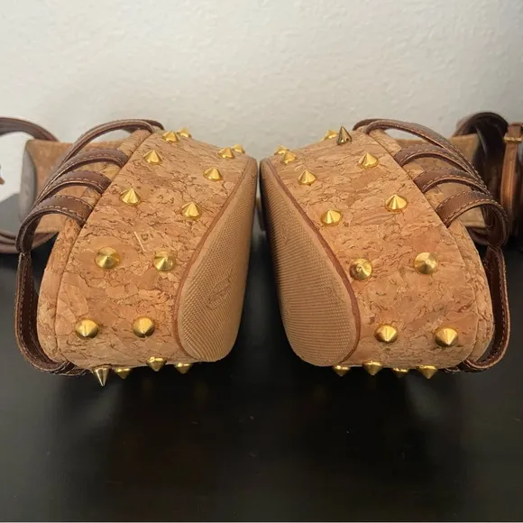 Gucci Metallic Brown Leather Studded Cork Wedge Platform Sandals Ankle Strap