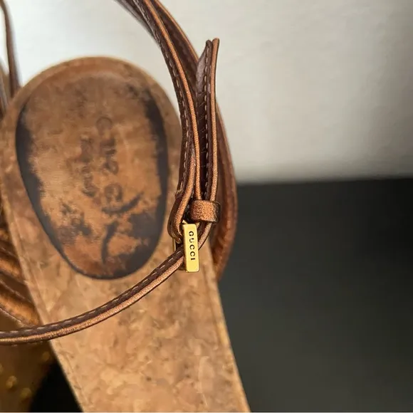 Gucci Metallic Brown Leather Studded Cork Wedge Platform Sandals Ankle Strap