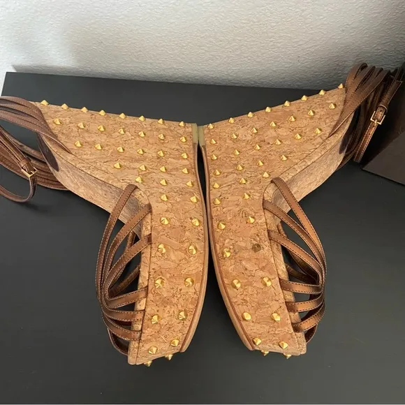 Gucci Metallic Brown Leather Studded Cork Wedge Platform Sandals Ankle Strap