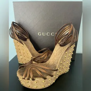 Gucci Metallic Brown Leather Studded Cork Wedge Platform Sandals Ankle Strap