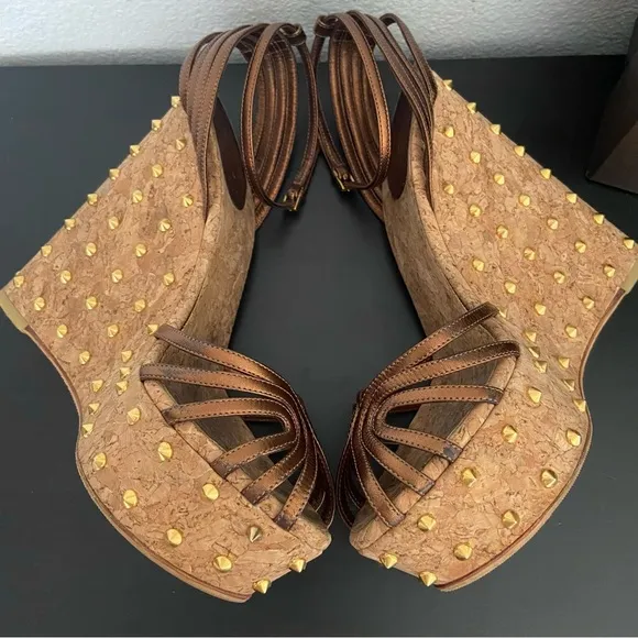 Gucci Metallic Brown Leather Studded Cork Wedge Platform Sandals Ankle Strap