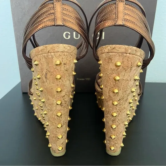 Gucci Metallic Brown Leather Studded Cork Wedge Platform Sandals Ankle Strap
