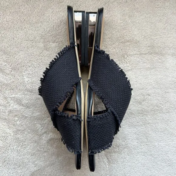 Halston Heritage Estella Black Canvas Sandal Women’s US 6 M Frayed Edge Low Heel