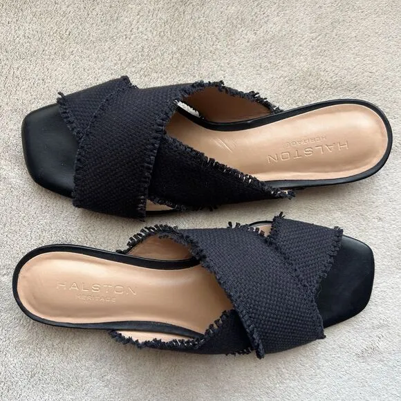 Halston Heritage Estella Black Canvas Sandal Women’s US 6 M Frayed Edge Low Heel