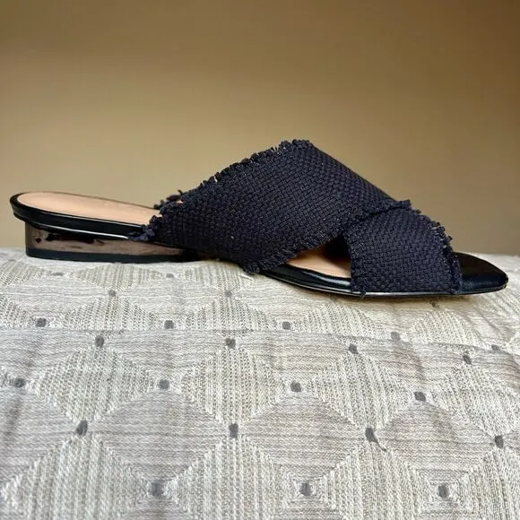 Halston Heritage Estella Black Canvas Sandal Women’s US 6 M Frayed Edge Low Heel