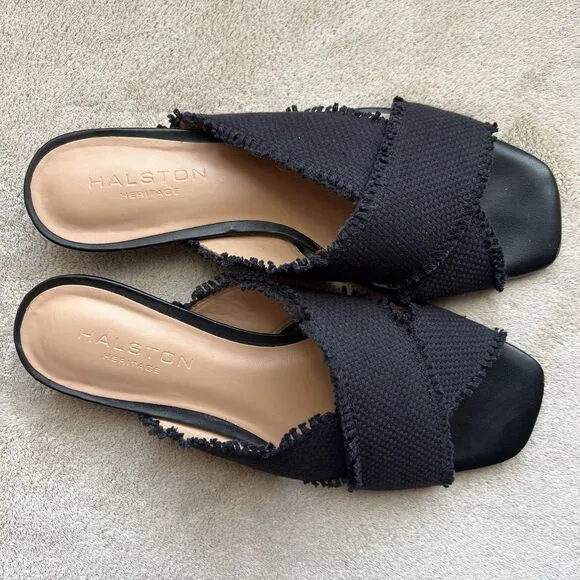Halston Heritage Estella Black Canvas Sandal Women’s US 6 M Frayed Edge Low Heel