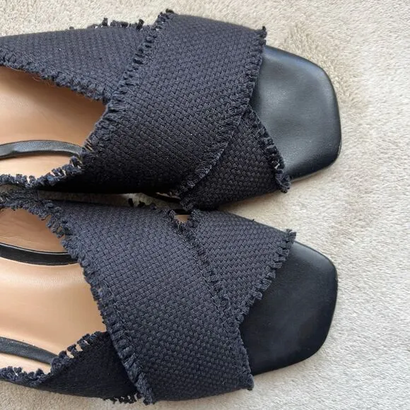 Halston Heritage Estella Black Canvas Sandal Women’s US 6 M Frayed Edge Low Heel