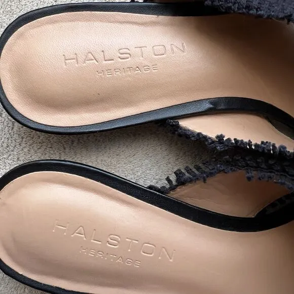 Halston Heritage Estella Black Canvas Sandal Women’s US 6 M Frayed Edge Low Heel
