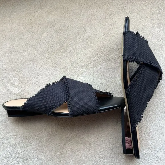 Halston Heritage Estella Black Canvas Sandal Women’s US 6 M Frayed Edge Low Heel