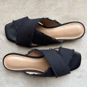Halston Heritage Estella Black Canvas Sandal Women’s US 6 M Frayed Edge Low Heel