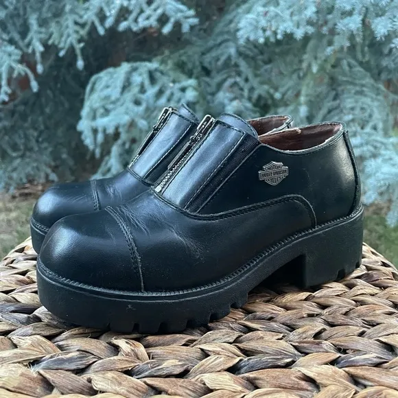 Harley Davidson Amherst Black Leather  Chunky Platform Ankle Boot Shoe. Size 6