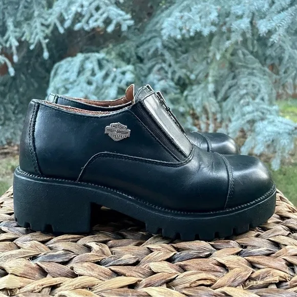 Harley Davidson Amherst Black Leather  Chunky Platform Ankle Boot Shoe. Size 6