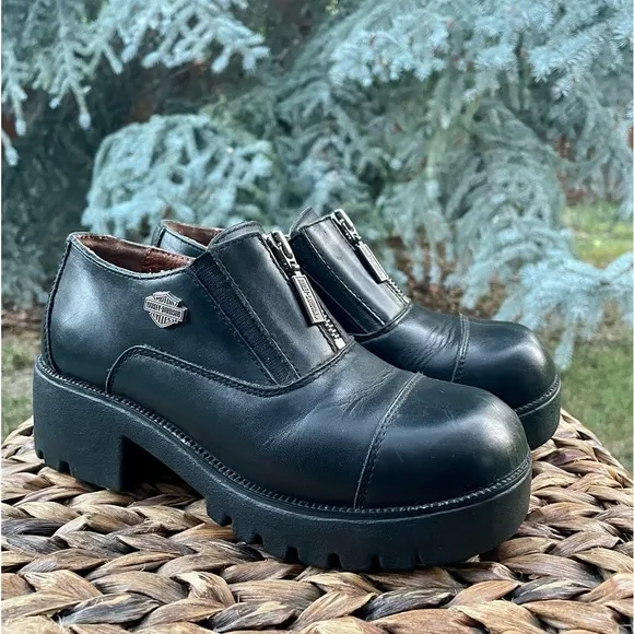 Harley Davidson Amherst Black Leather  Chunky Platform Ankle Boot Shoe. Size 6