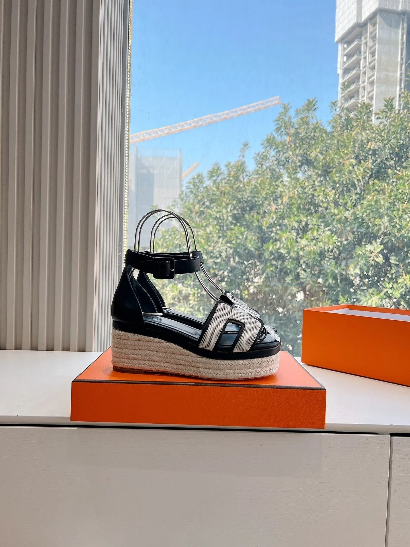 HM 25C Elda espadrille Black Mix White Denim and Goatskin 202832