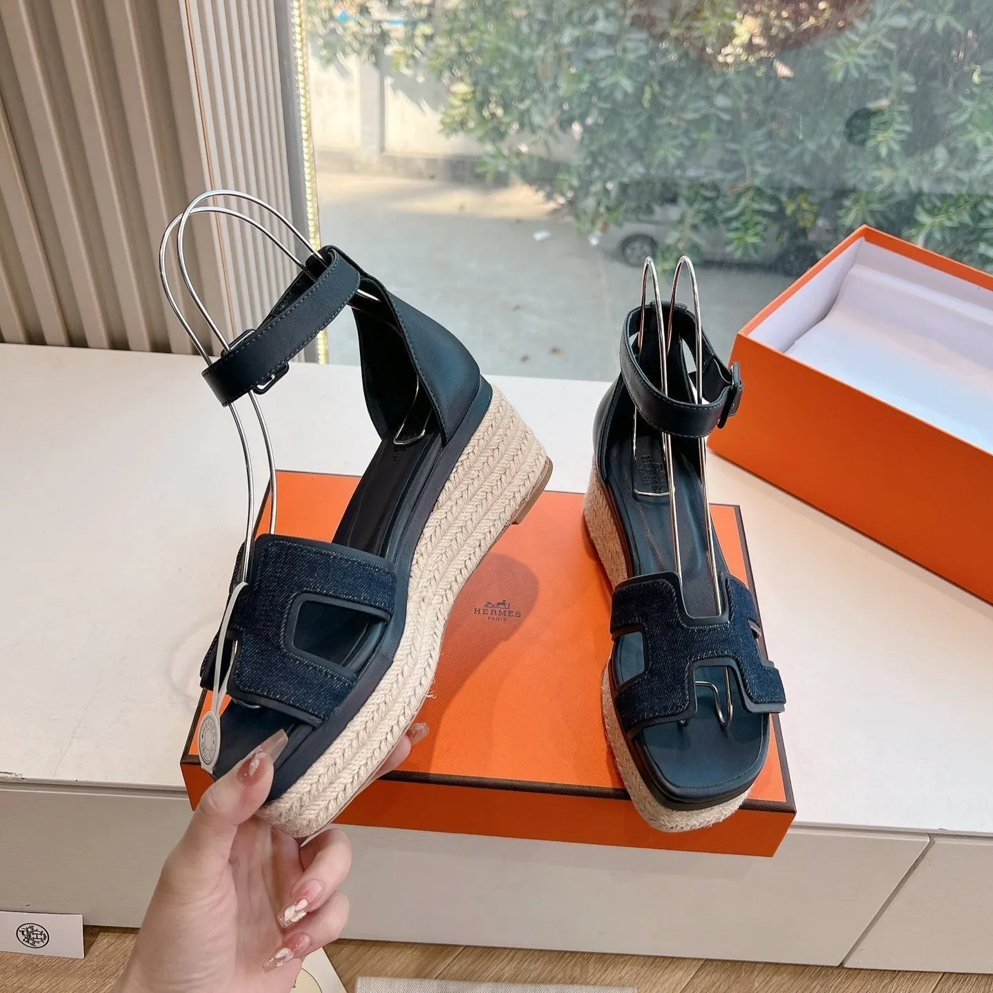 HM 25C Elda espadrille Bleu Brut Denim and Goatskin 202833