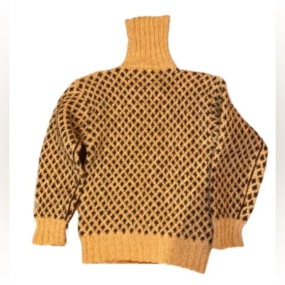 Houndstooth cream and brown vintage turtleneck wool long sleeve knit sweater